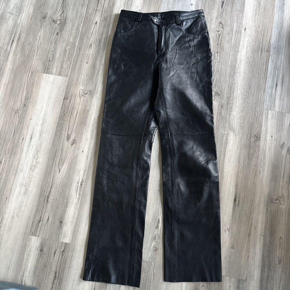 Vintage 90s Whet Blu Black Straight Leg Genuine Leather Moto Biker Pants Size 0